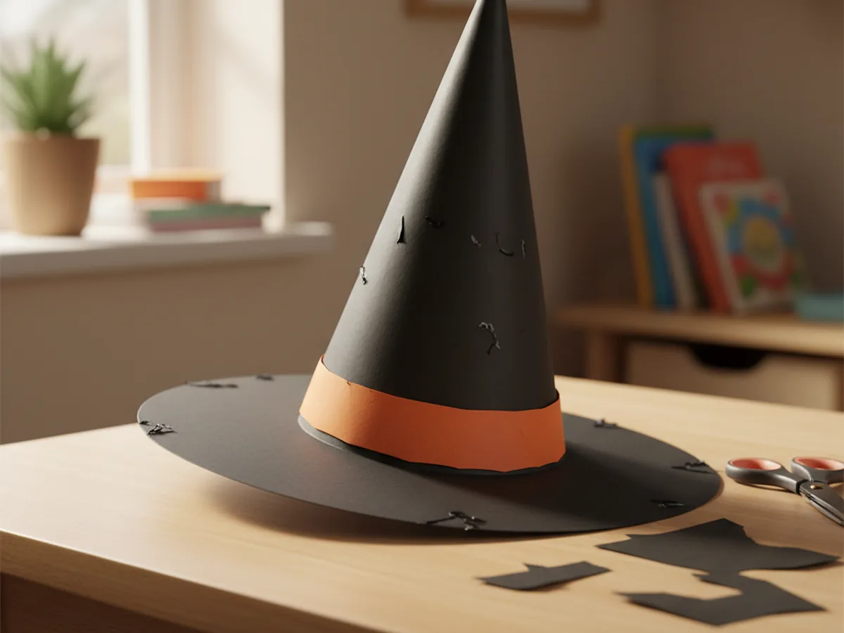 A handmade wearable paper witch hat made from black construction paper with an orange paper band around the base on a craft table