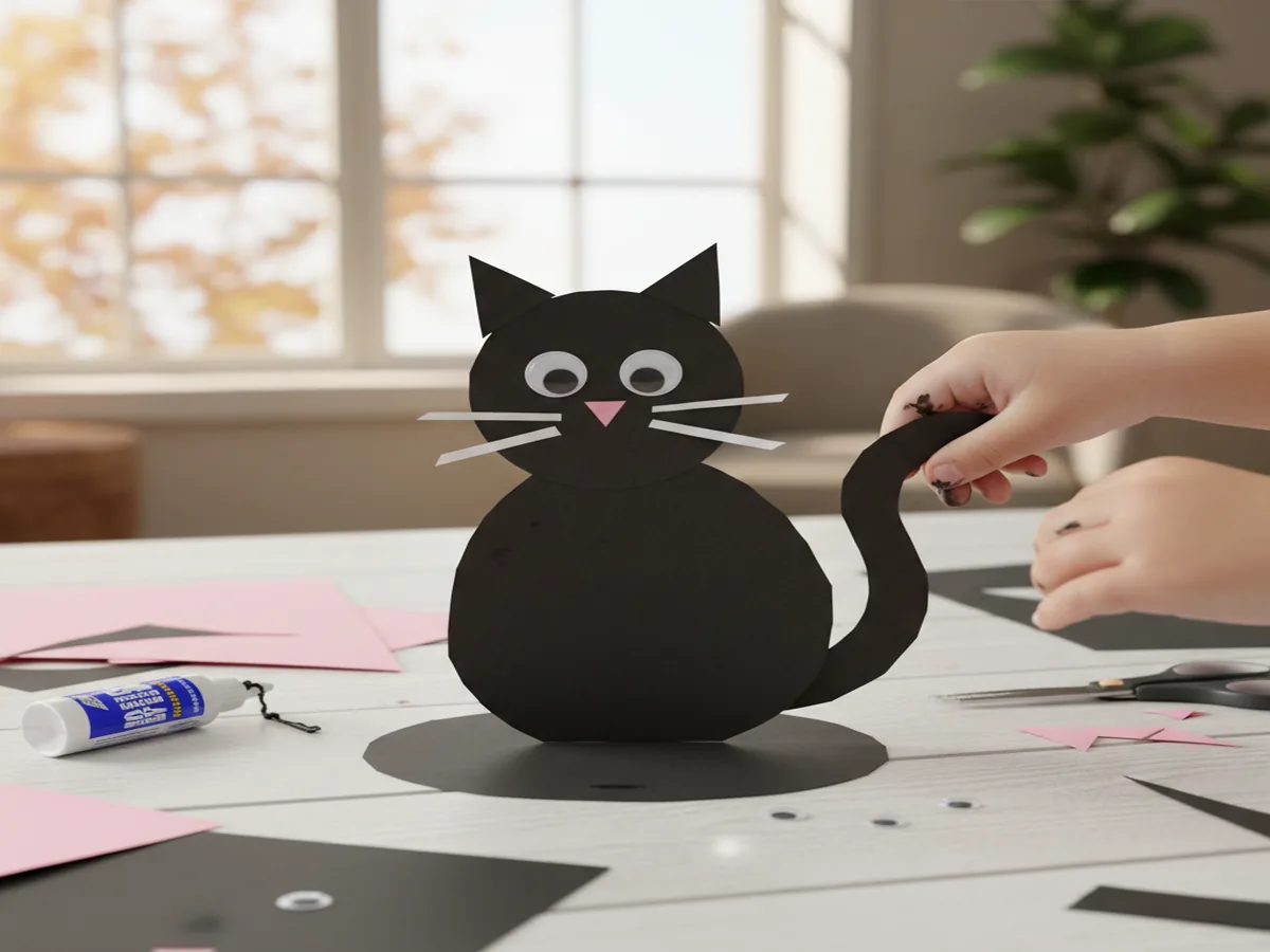 Handmade black cat paper craft with construction paper body, pointy ears, and googly eyes