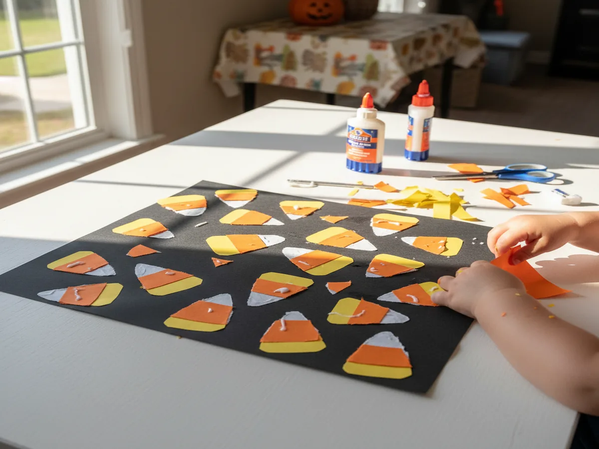 Handmade candy corn collage with torn white, orange, and yellow construction paper triangles