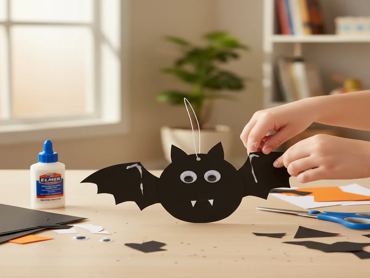 Handmade construction paper bat craft with black paper wings and googly eyes on a craft table