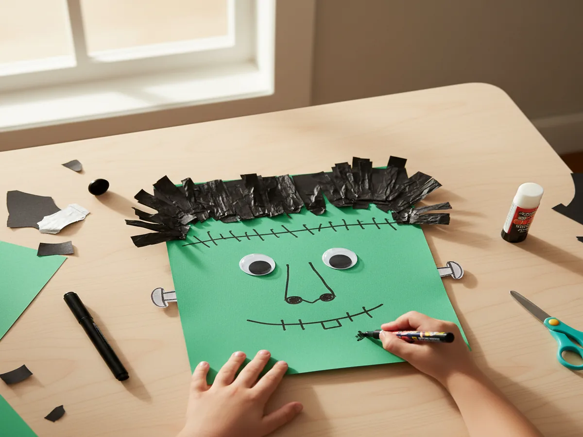 Handmade Frankenstein face craft made from green construction paper with bolt and stitches