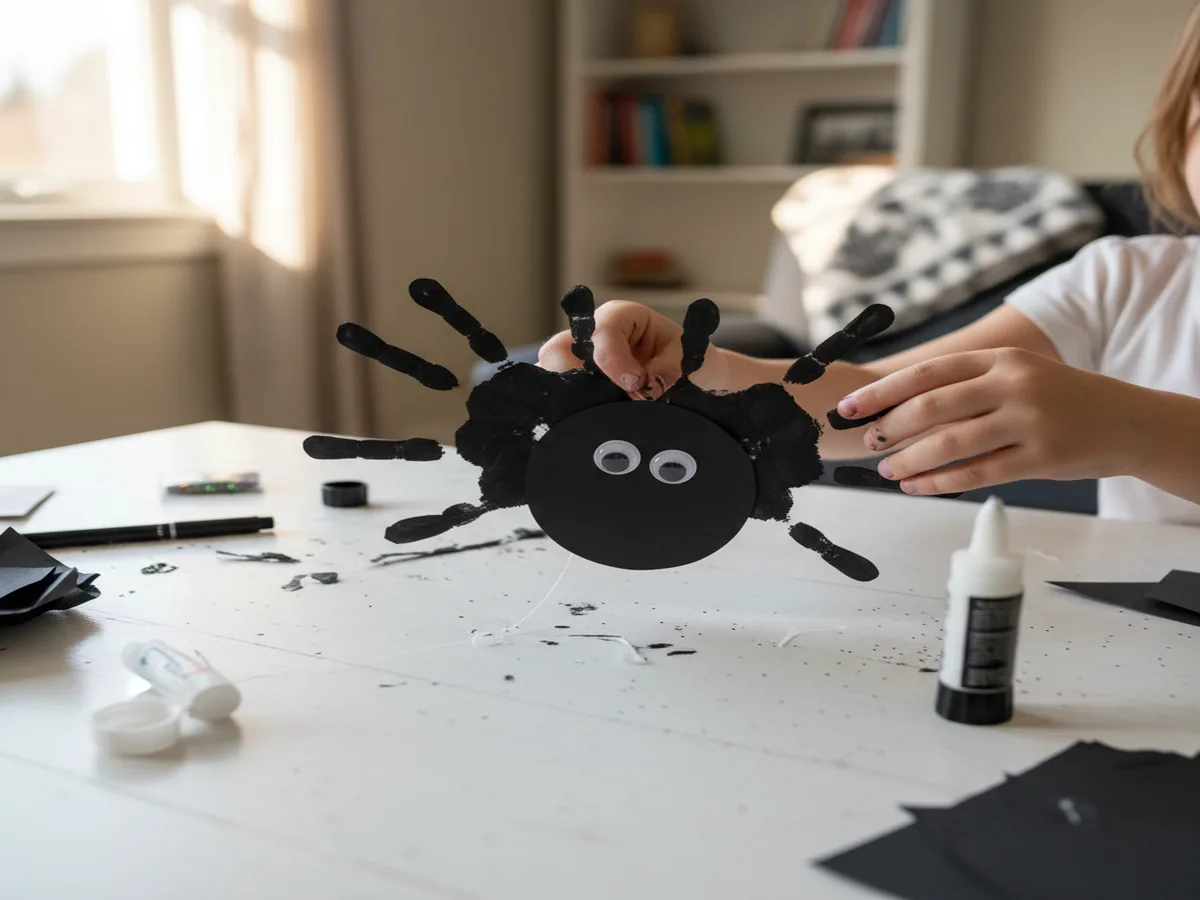 Handmade handprint spider craft with black paper handprints as spider legs and googly eyes