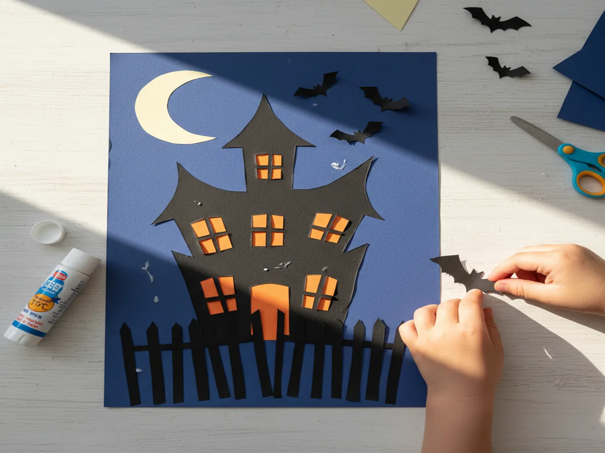 Handmade haunted house paper collage with black house silhouette and moon on a dark background