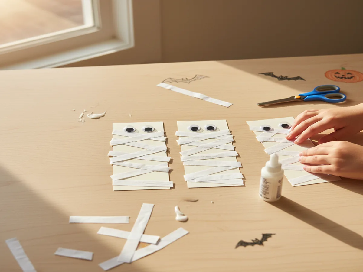 Handmade mummy wrap bookmark made from white paper strips wrapped around a cardstock strip with googly eyes