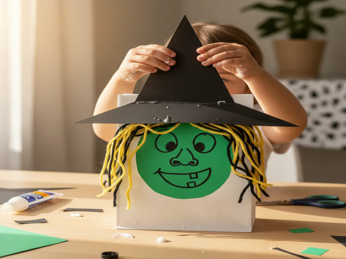 Handmade paper bag witch craft with black triangle hat, green paper face, and yarn hair on a craft table