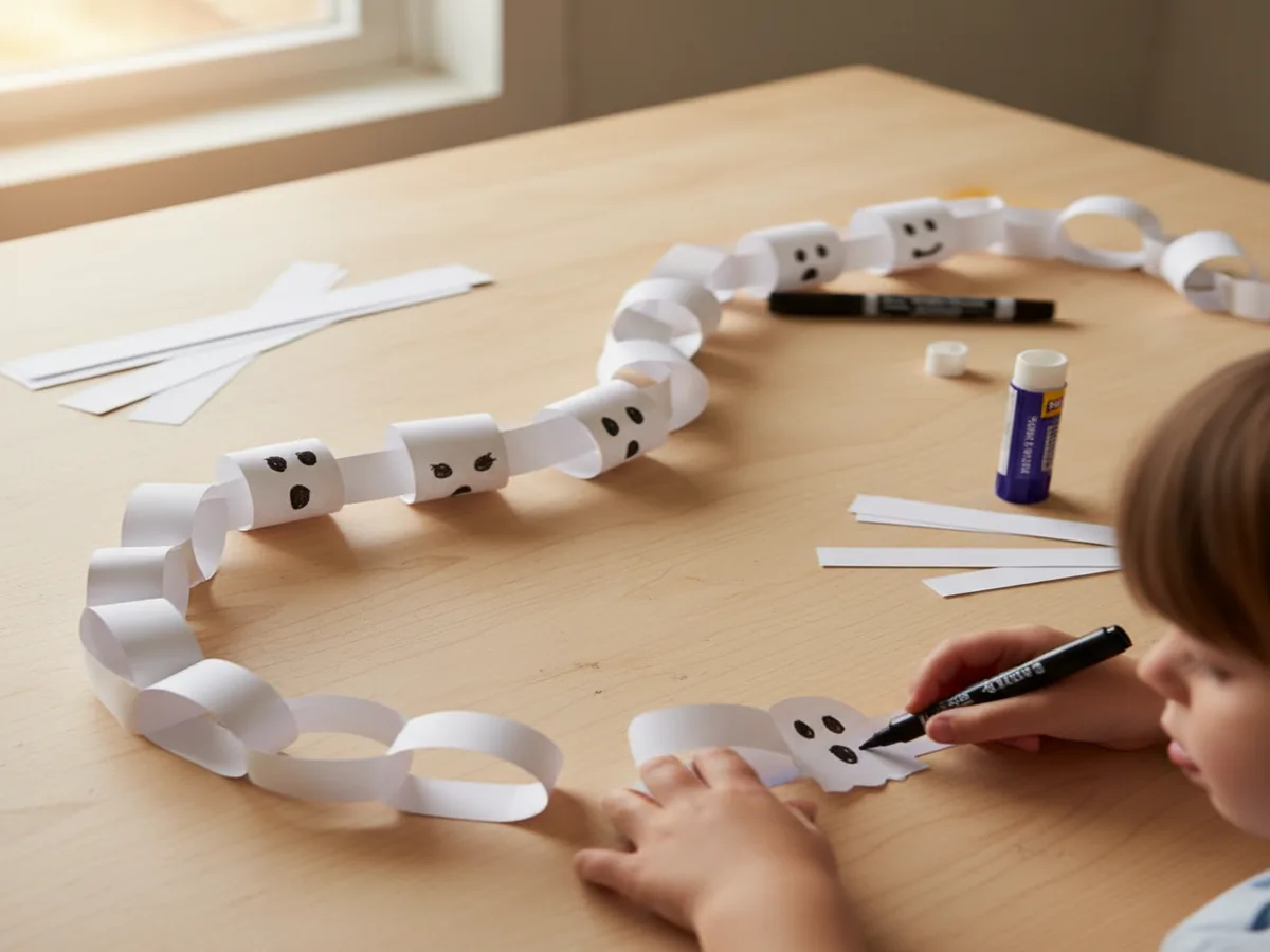 Handmade white paper chain ghost garland with ghost faces drawn on the links strung across a craft table