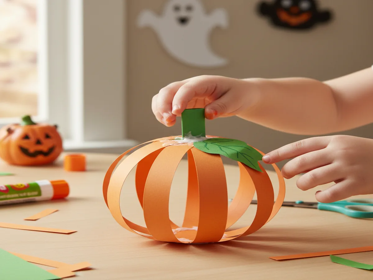 Handmade paper strip pumpkin craft with orange construction paper loops on a craft table
