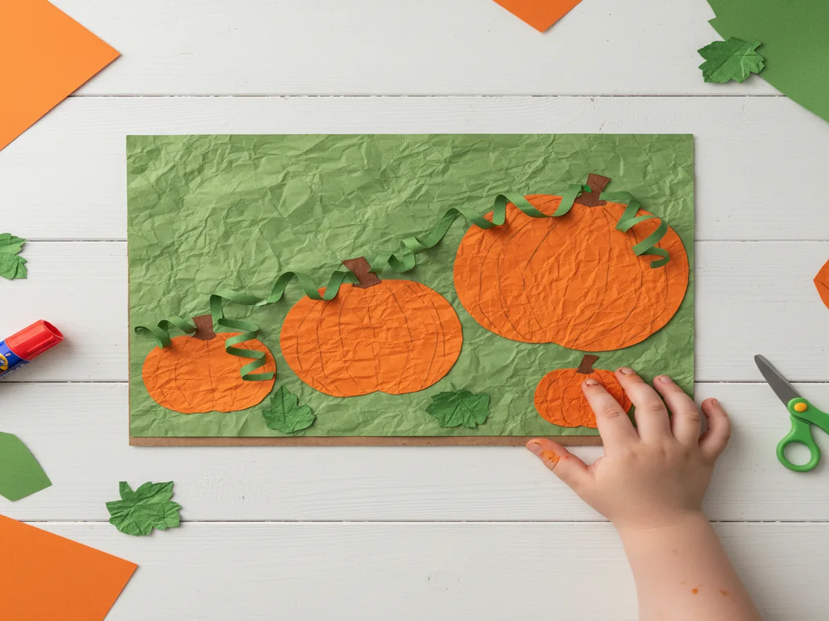 Handmade paper pumpkin patch scene with orange pumpkins and green vines on a craft table