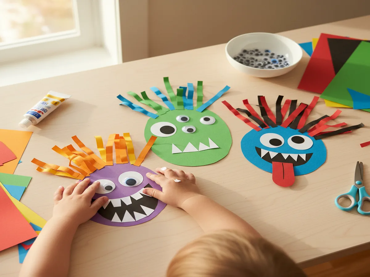 Handmade silly monster face crafts made from colorful construction paper with googly eyes
