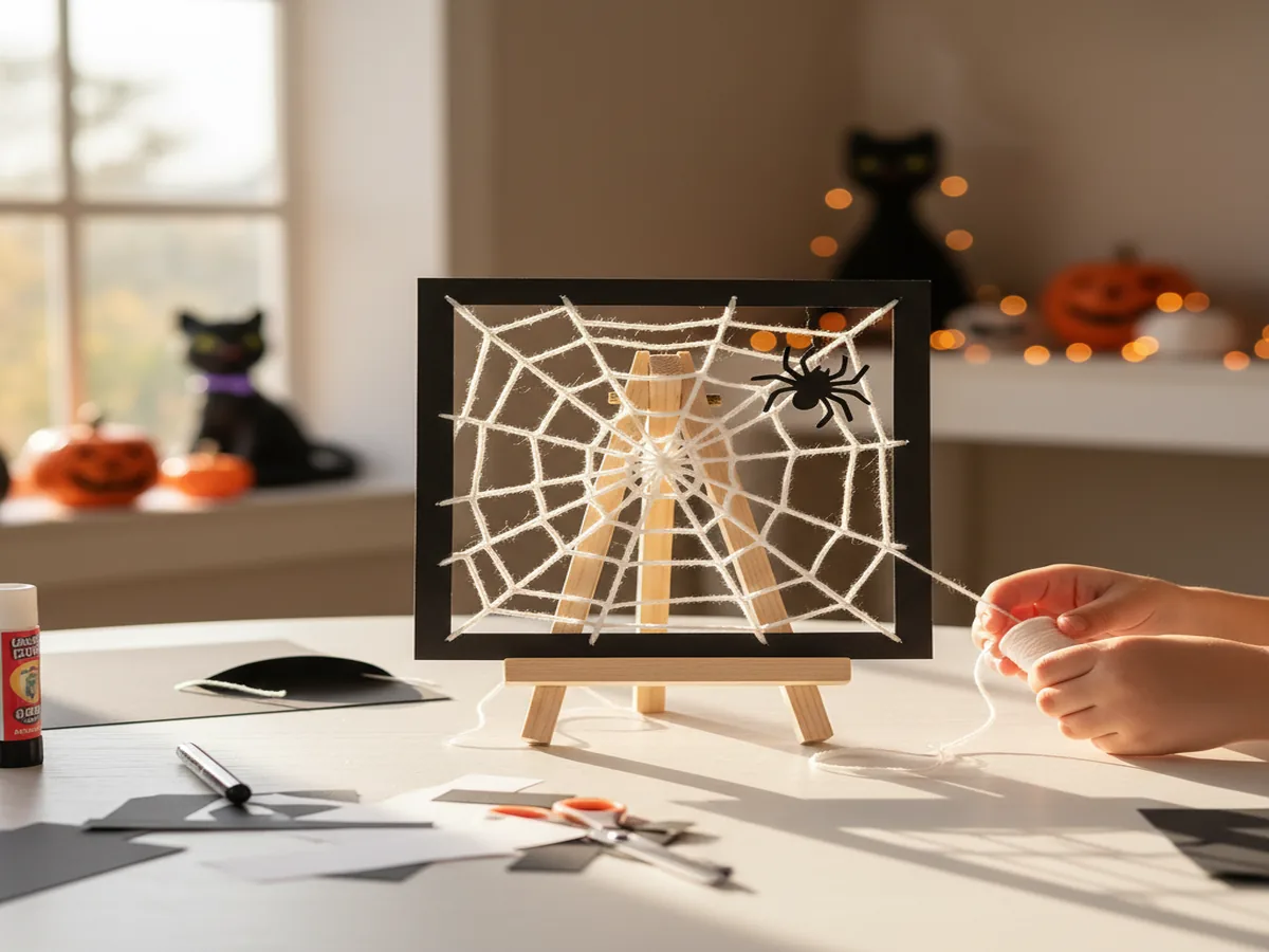 Handmade paper spiderweb suncatcher with white thread web on black paper frame held up to light