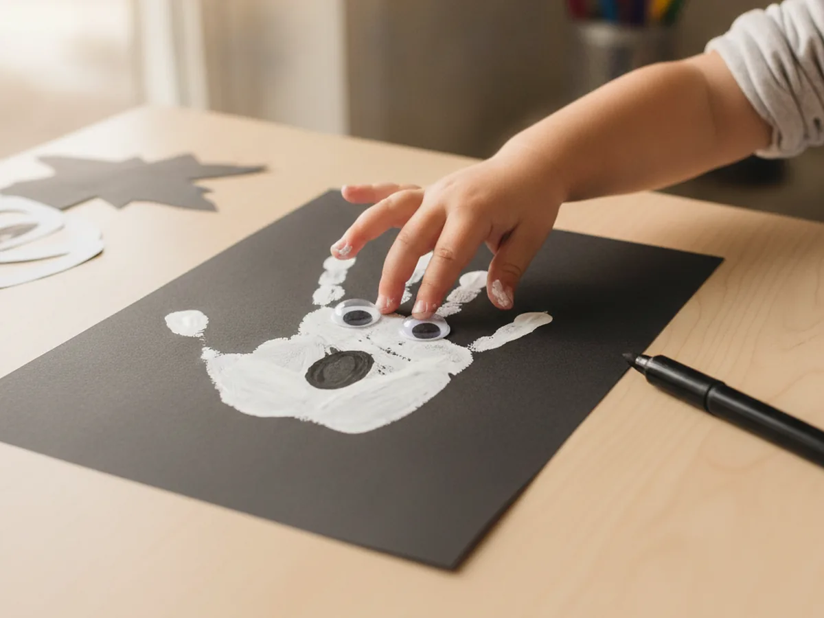 A child adding two googly eyes and drawing an open mouth with a black marker on the round head of a white ghost handprint