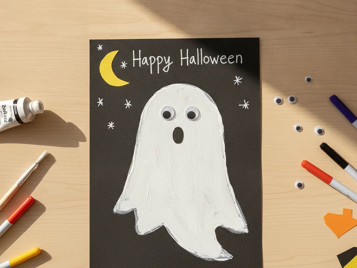Finished Halloween handprint craft showing white painted handprint ghosts with googly eyes and little faces on dark and orange paper with a paper moon