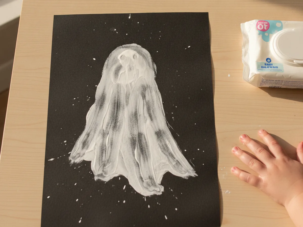 A drying white ghost handprint on black paper next to baby wipes and a clean child's hand on a craft table