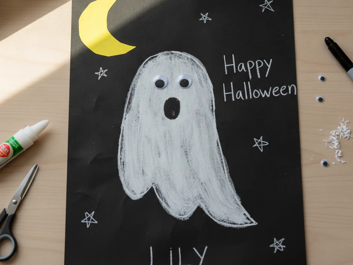 Finished Halloween handprint ghost with googly eyes, a drawn mouth, a yellow paper moon, marker stars, and a Happy Halloween message