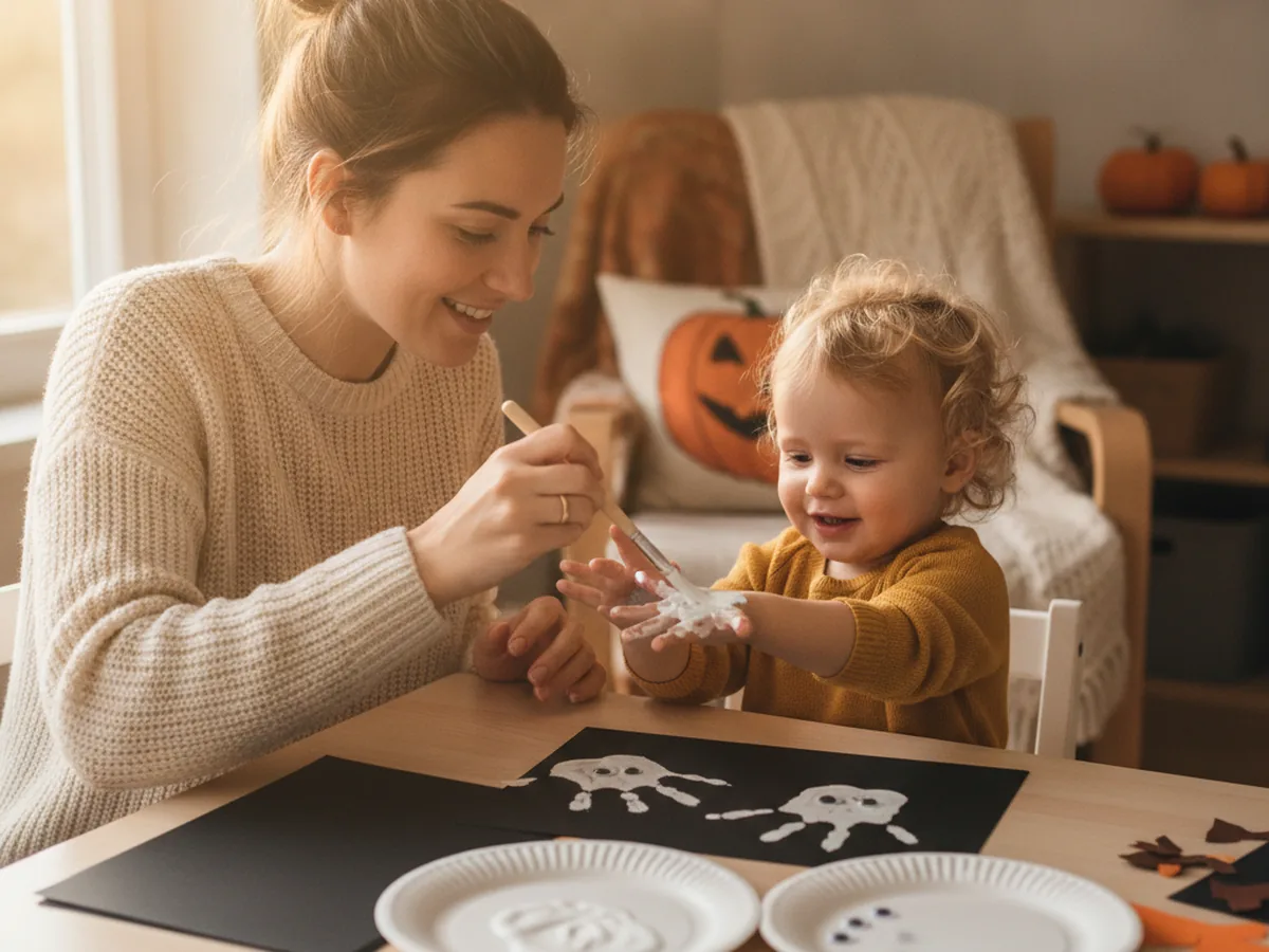 A mom and young child at a craft table painting the child's hand with white washable paint to make a Halloween handprint ghost
