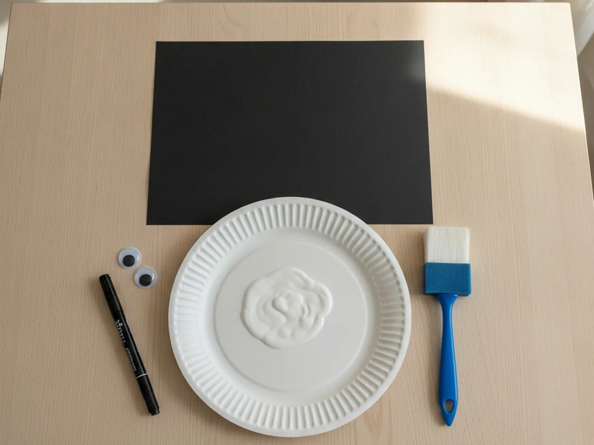 A plate with a puddle of white washable paint next to a sheet of black construction paper and a foam brush on a craft table