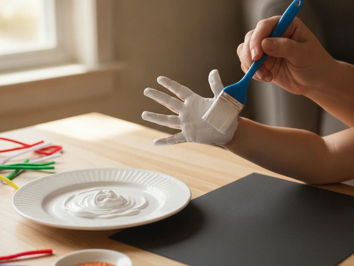 A foam brush painting a child's open hand with white washable paint over the palm and all five fingers for a Halloween handprint ghost
