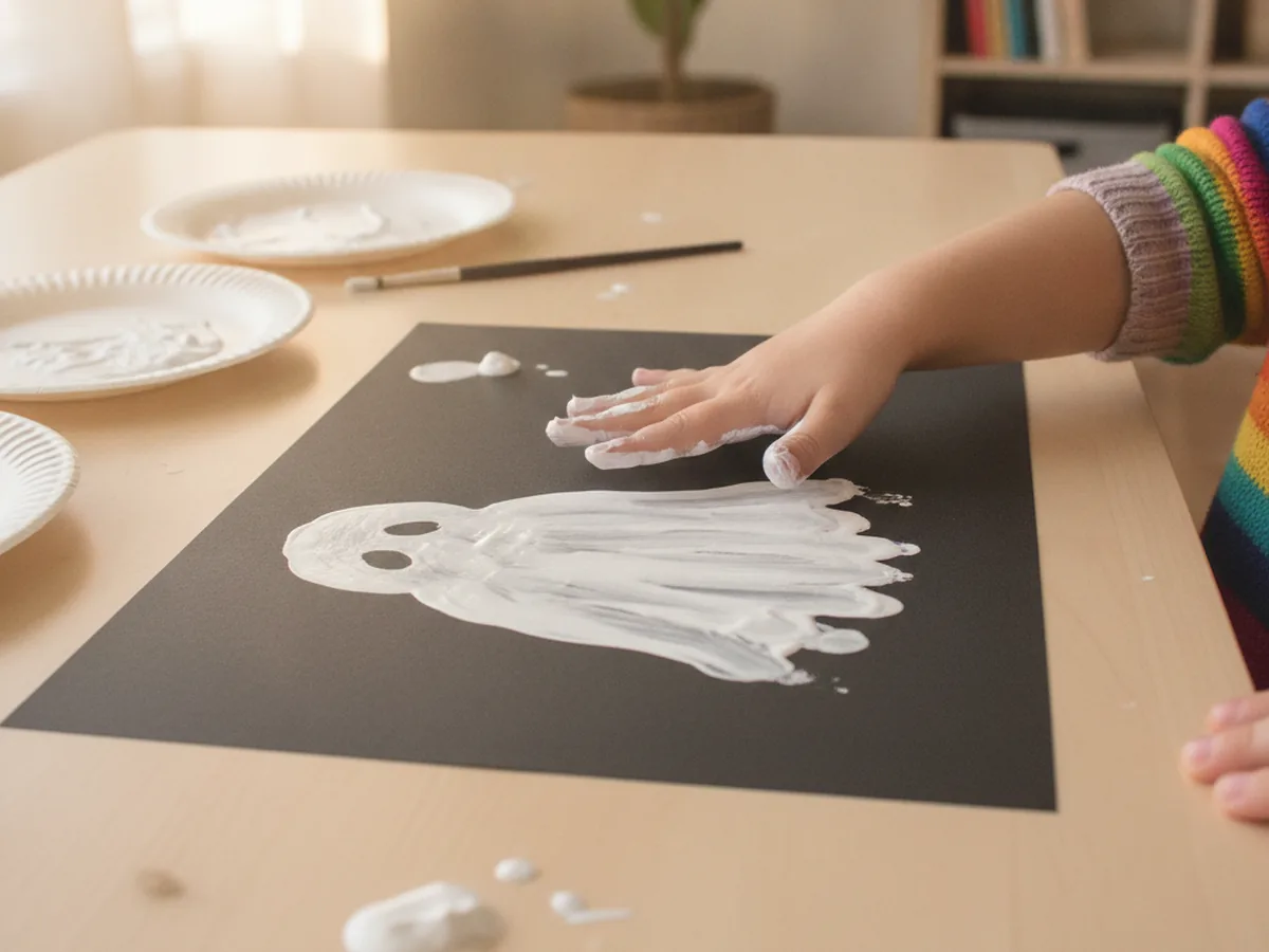 A child's white painted hand pressing onto black paper with fingers pointing down, leaving a ghost shape with a round head and wavy bottom