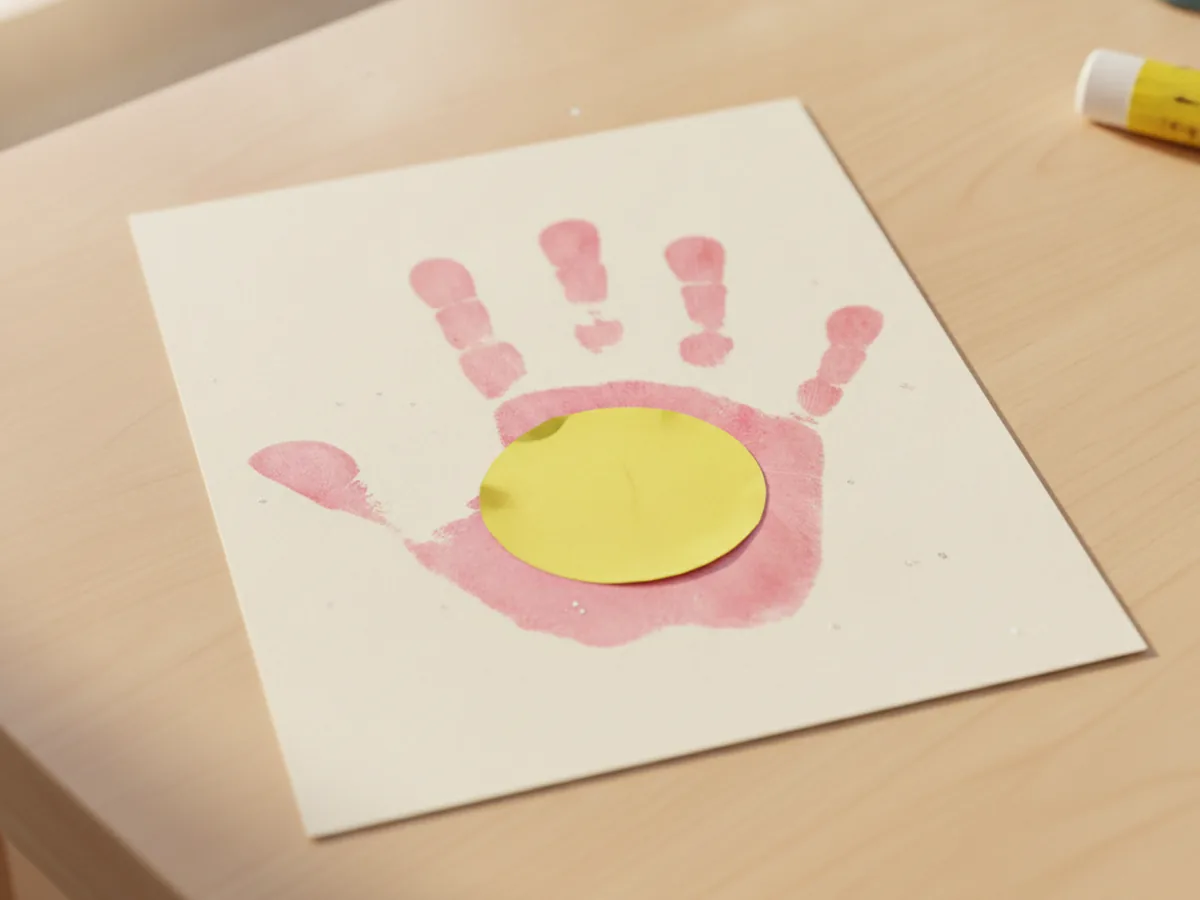 A round yellow paper circle glued over the palm of the pink handprint to form the center of the handprint flower