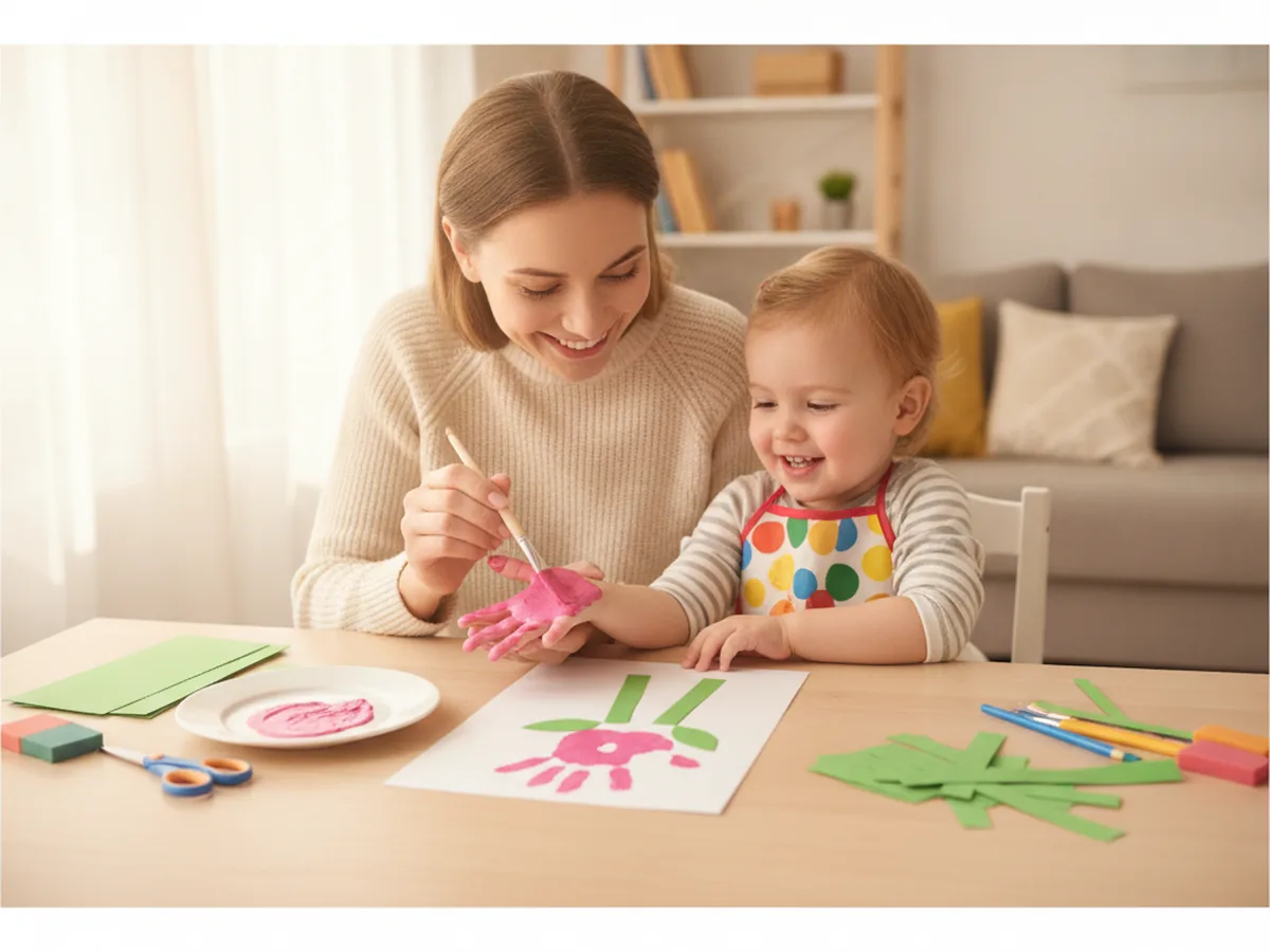 A mom and young child at a craft table painting the child's open palm with bright pink washable paint to make a handprint flower