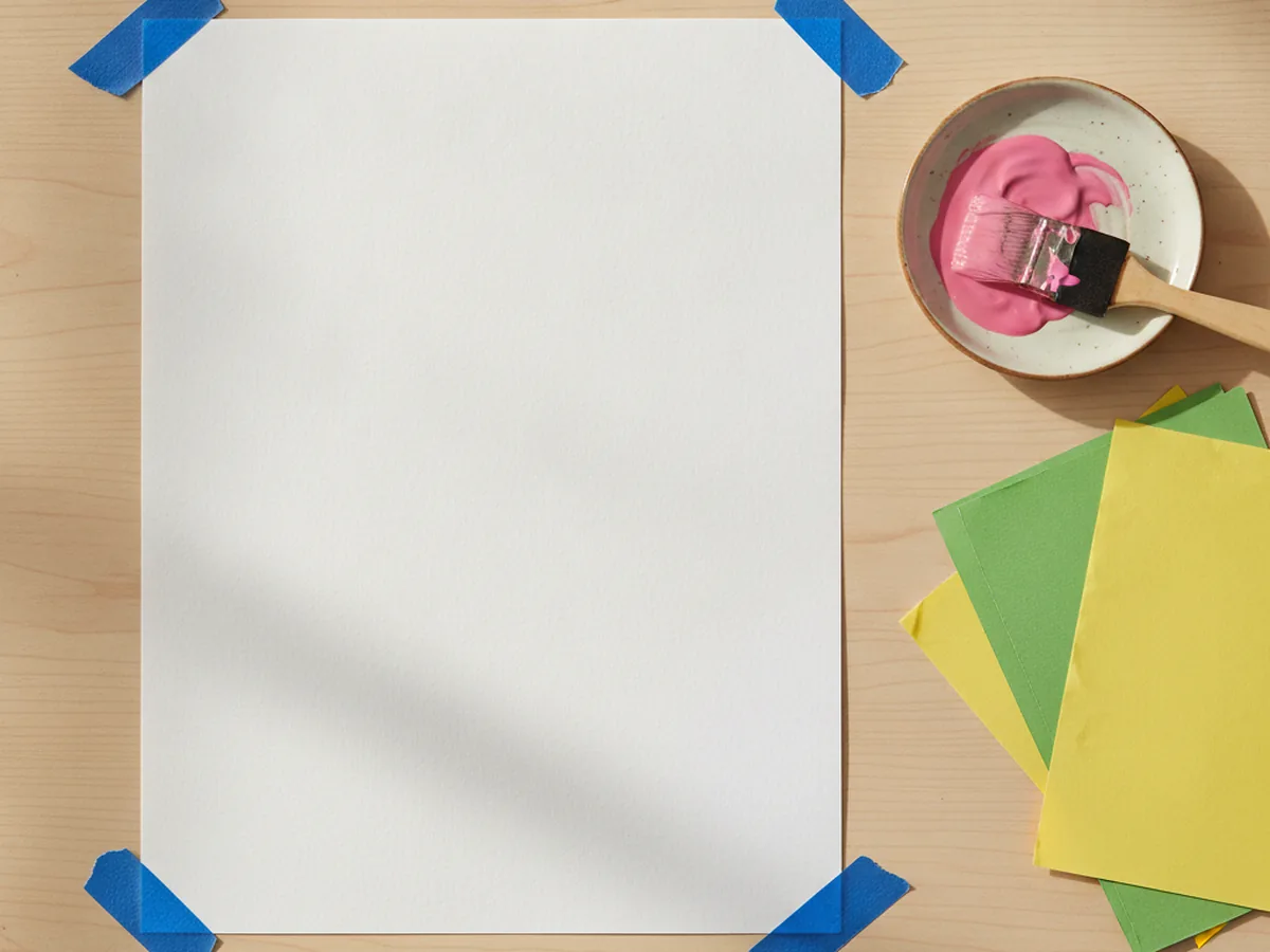 A blank sheet of white cardstock taped flat on a light wood craft table next to pink washable paint on a plate and a foam brush