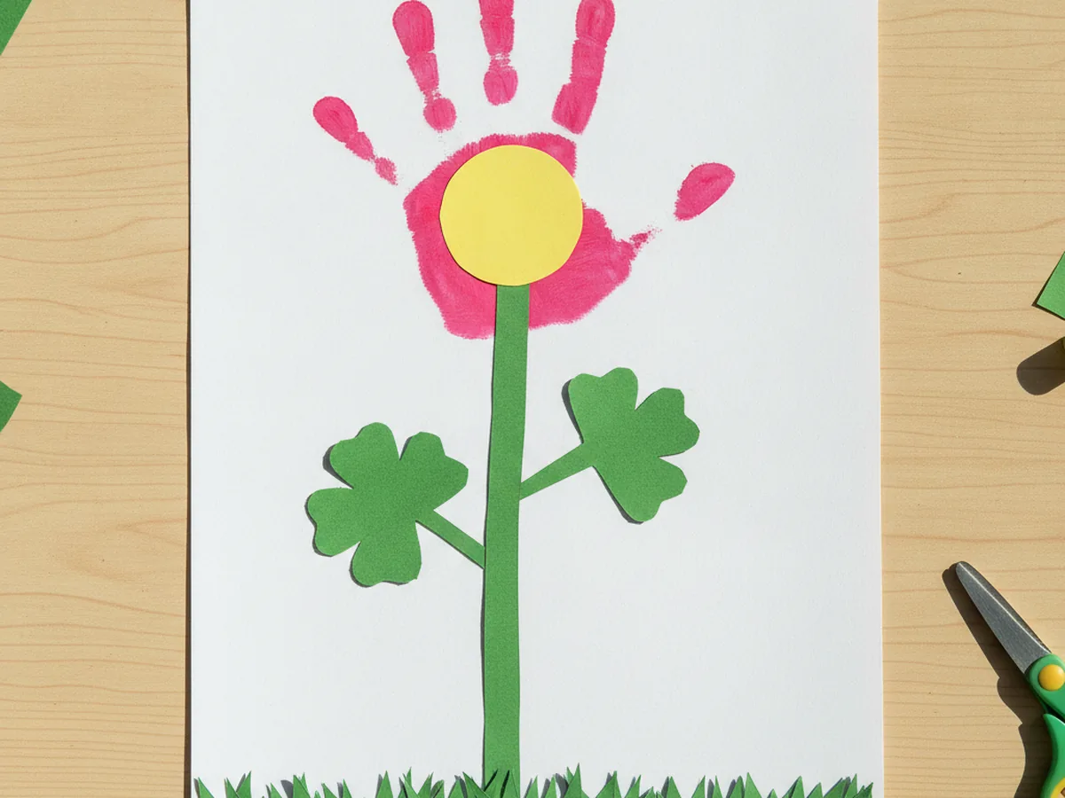 Finished handprint flower craft with a pink painted handprint as the petals, a yellow paper circle center, a green paper stem, two leaves, and grass along the bottom