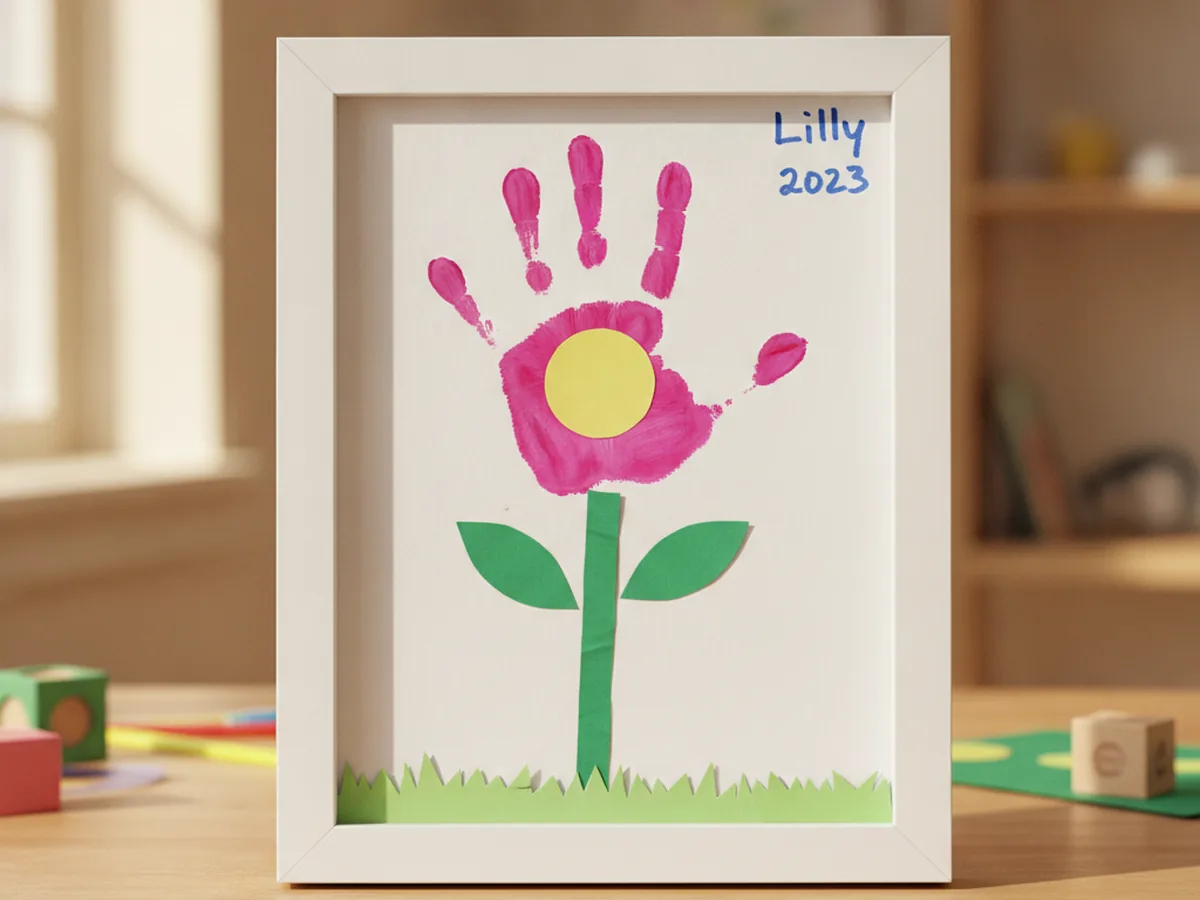 Finished handprint flower craft with a pink handprint bloom, yellow center, green stem and leaves, and grass along the bottom, displayed in a white frame