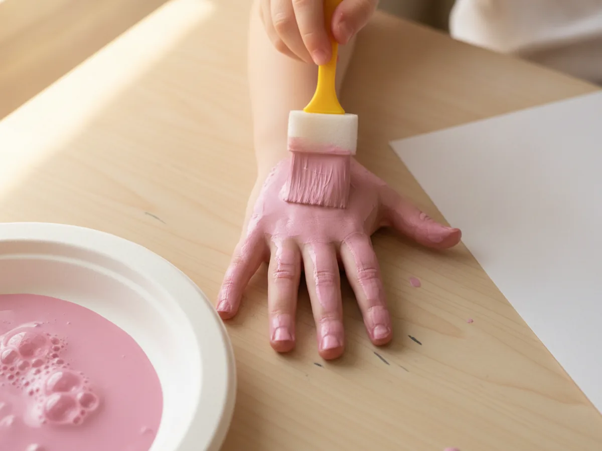A foam brush spreading a thin layer of pink washable paint across a young child's open palm and fingers for a handprint flower