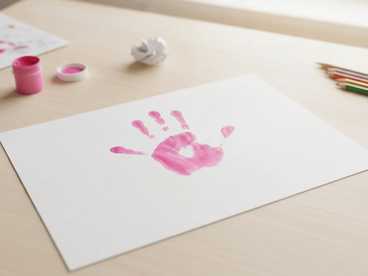 A bright pink handprint pressed near the top of white paper with fingers spread wide and pointing up to look like flower petals
