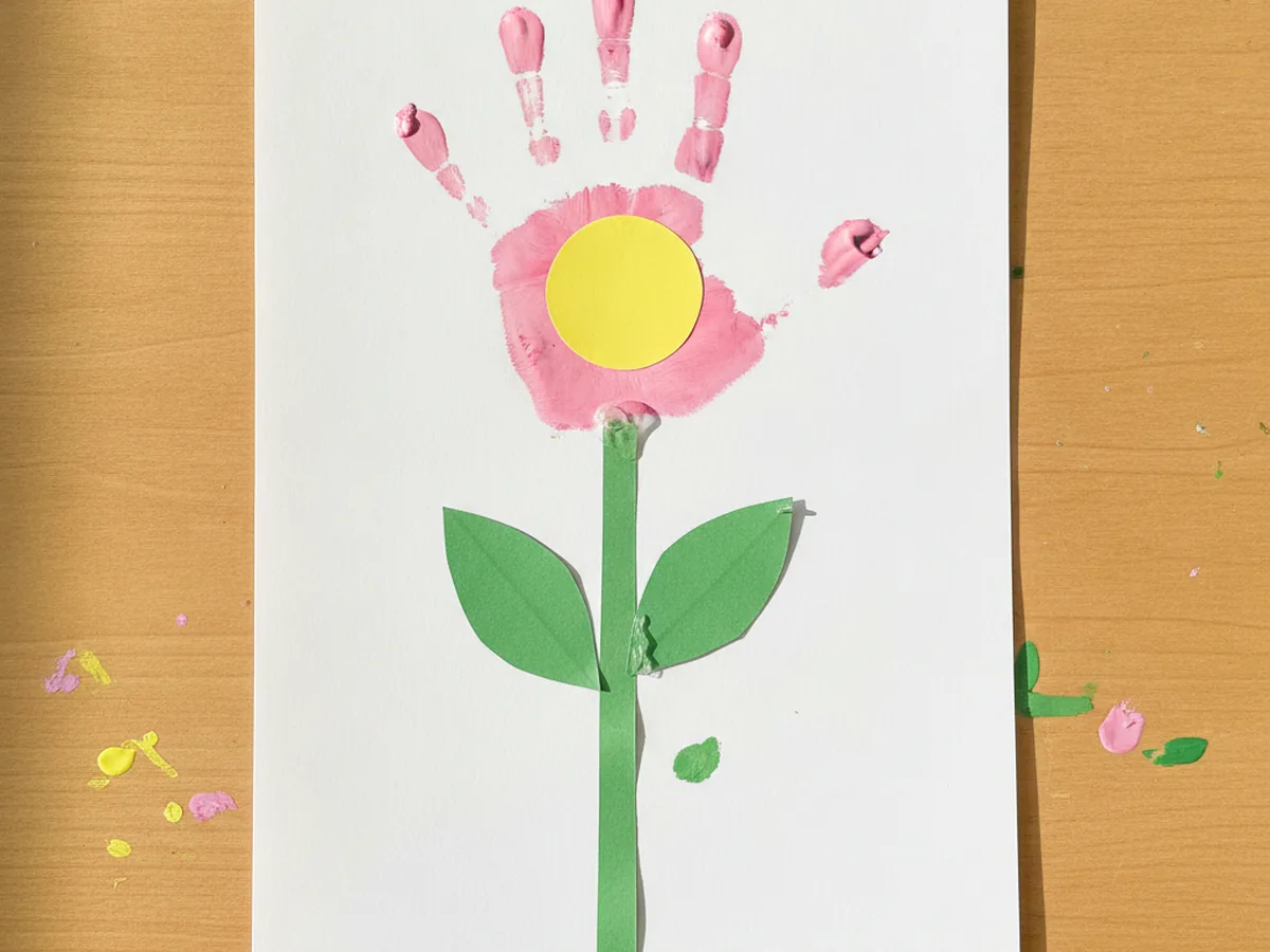 A green paper stem glued under the pink handprint flower with two green leaves added on each side, standing tall on the white page