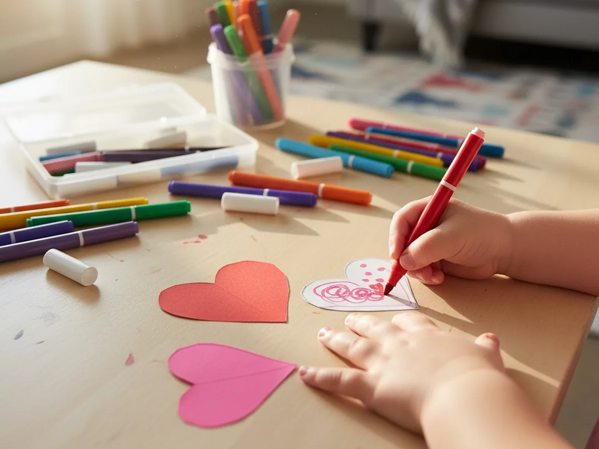 A child decorating a white paper heart with red and pink markers on a craft table, with other hearts nearby