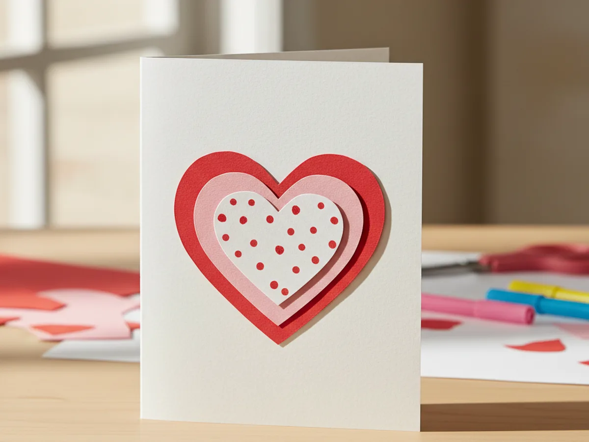 Finished layered heart shape paper craft mounted on a white card displayed on a craft table, with red, pink, and white layers visible