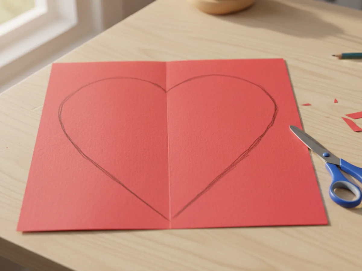 Red construction paper folded in half with a pencil half-heart shape drawn along the fold, ready to cut
