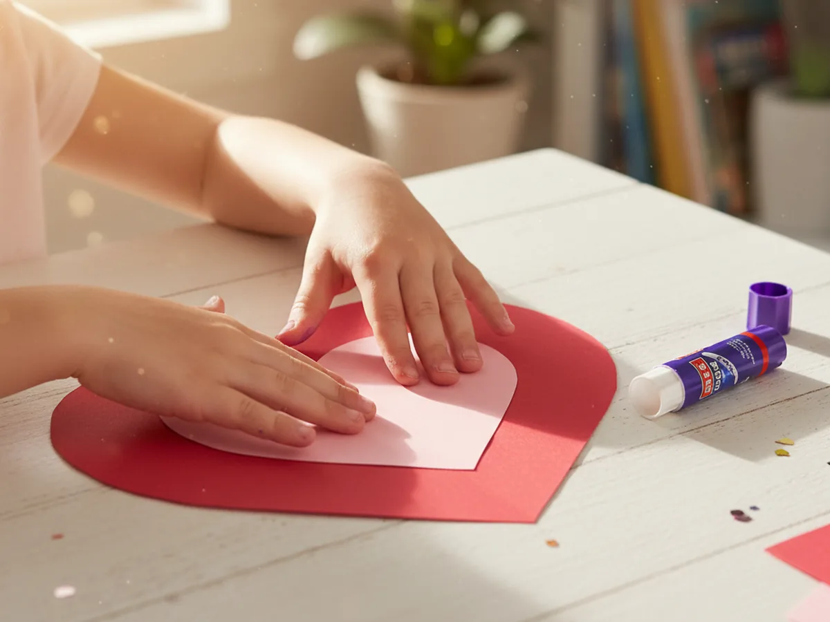 A child pressing a pink paper heart onto a red paper heart using a glue stick on a craft table