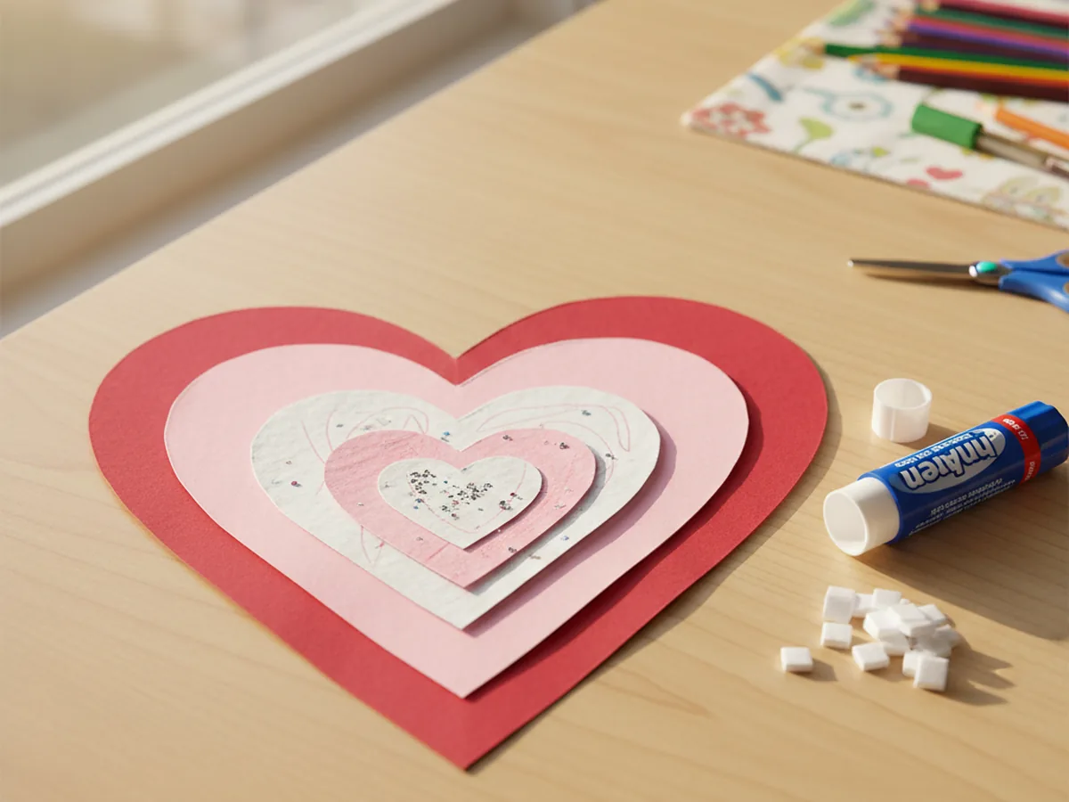 Three layered paper hearts arranged in a stack on a craft table, with red at the bottom, pink in the middle, and white on top