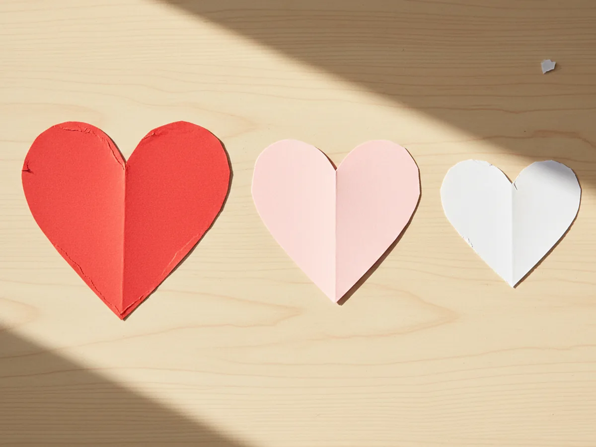 Three cut paper hearts in red, pink, and white laid out side by side on a craft table, each one progressively smaller