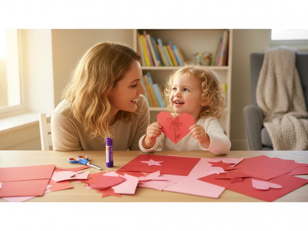 A mom and young child smiling together at a craft table, ready to start a heart shape paper craft with red and pink cardstock