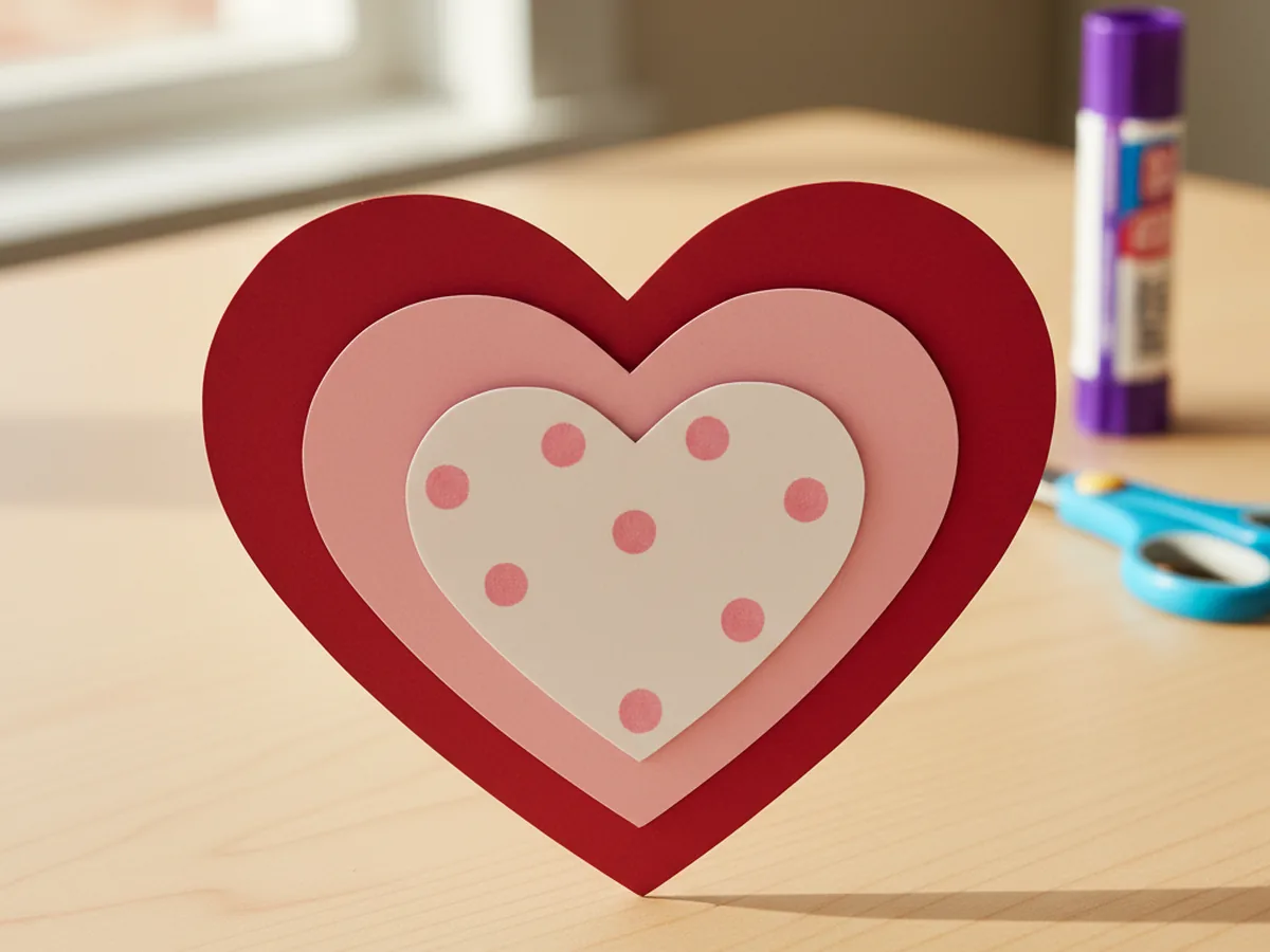 Finished heart shape paper craft with three layered paper hearts in red, pink, and white displayed on a light wood craft table