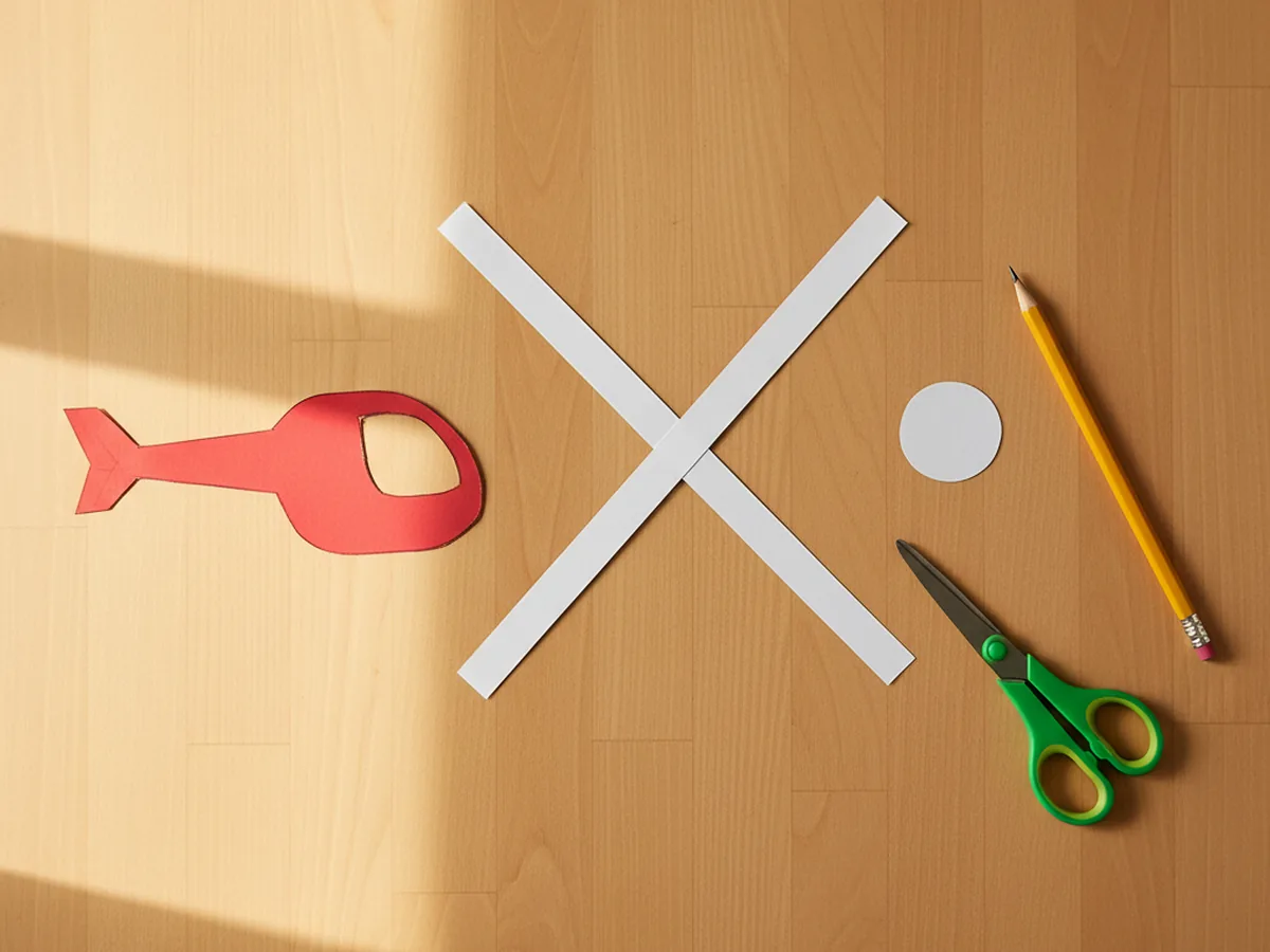 Two long thin white paper rotor blade strips laid into a crossed X shape on a light wood craft table next to one small white paper circle for the tail rotor and the red helicopter body shape waiting to the side with safety scissors