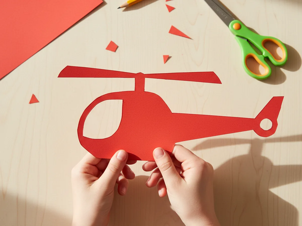 A child's hands holding a bright red cardstock helicopter body shape with a rounded cockpit and a long tail boom freshly cut out on a light wood craft table with kid scissors and a pencil and pieces of red paper scraps nearby