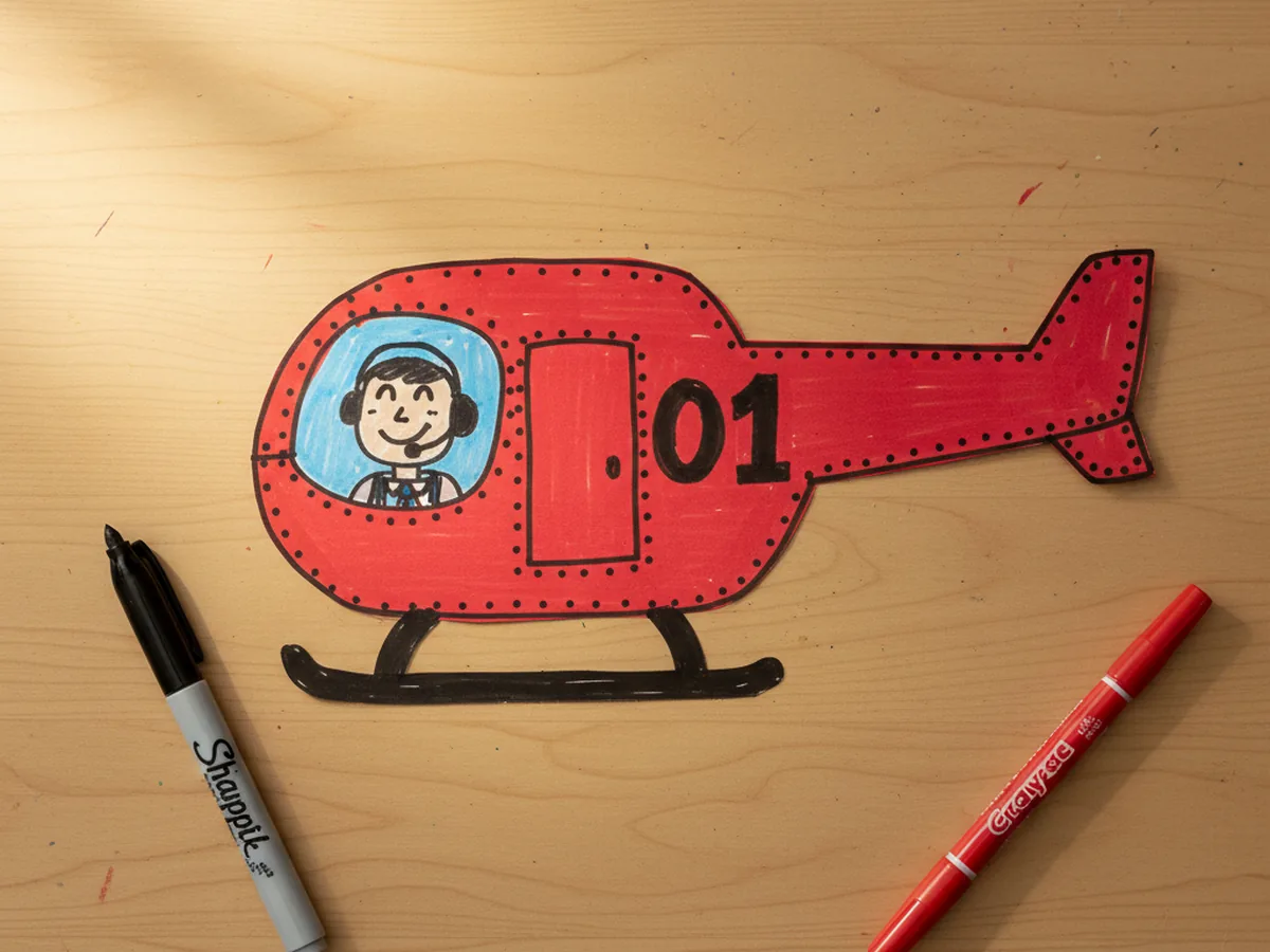 The red paper helicopter craft now fully decorated with a smiling pilot drawn inside the blue cockpit window black marker outlines small rivet dots around the cabin curved landing skids underneath and a flight number drawn on the side of the body lying flat on a light wood craft table next to black and red markers