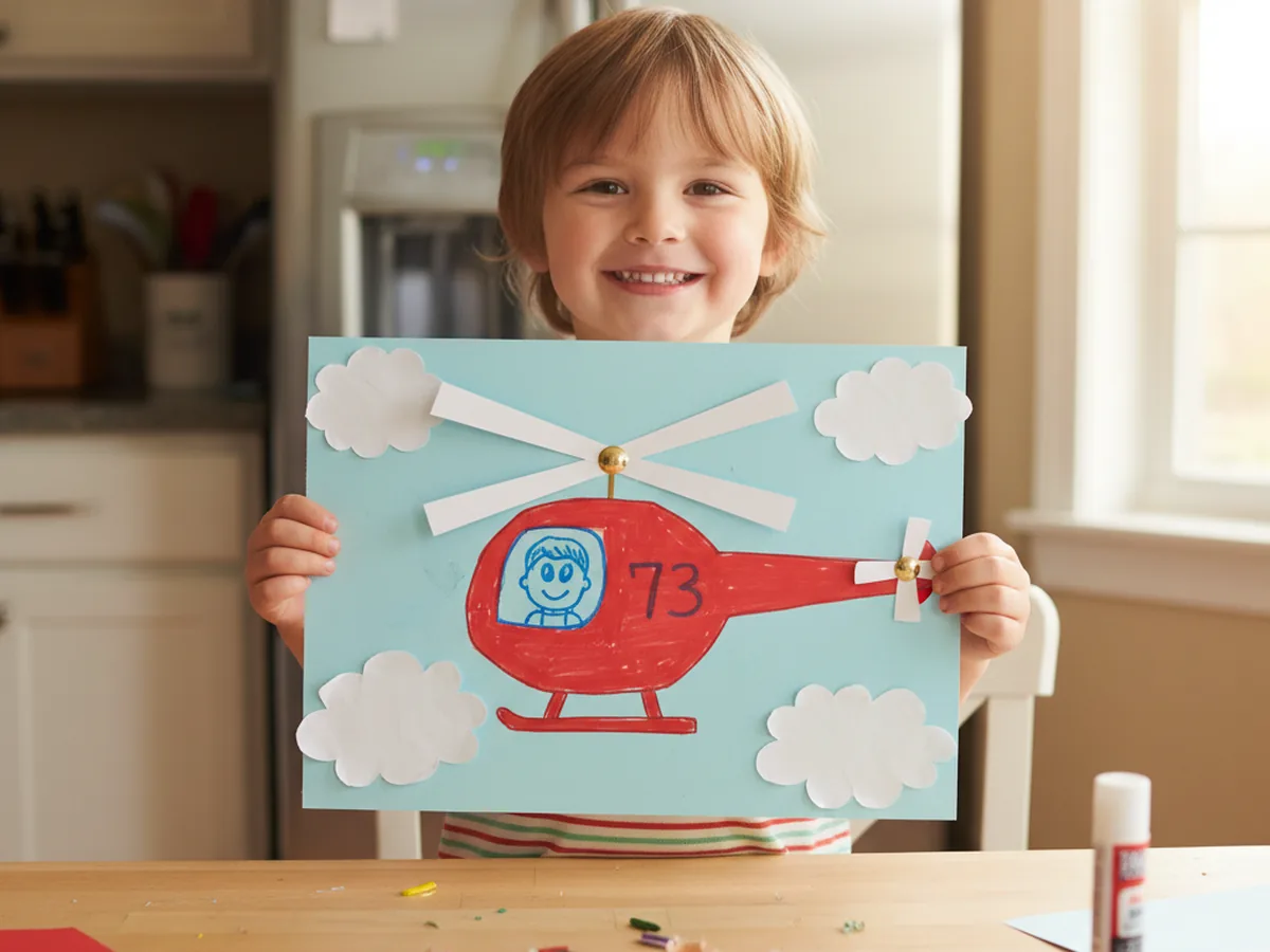 The completed red paper helicopter craft with its white spinning rotor blades mounted on a light blue cardstock sky background with three fluffy white paper clouds being held up proudly by a young child in front of a refrigerator door as a finished display