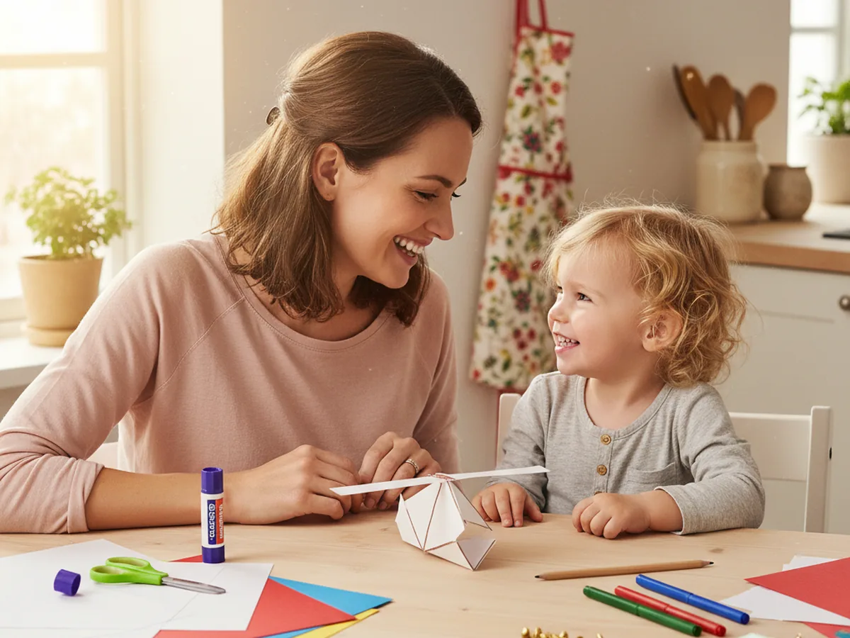 A mom and a young child sitting at a light wood craft table together with red blue and white construction paper kid scissors a glue stick a gold brad fastener and markers smiling as they get ready to make a helicopter paper craft