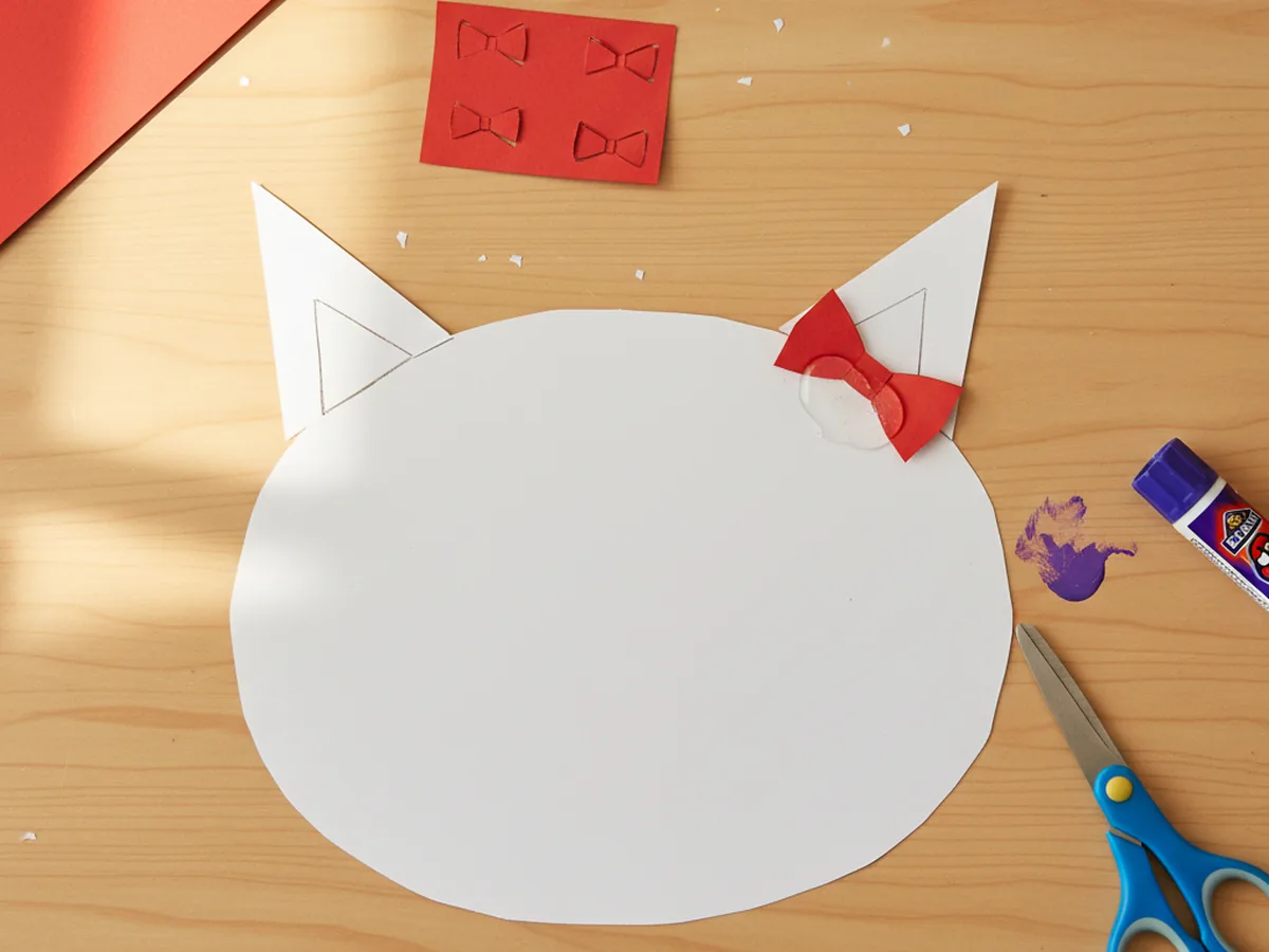 A small red paper bow glued onto the right ear of a white paper kitty head, sitting on a light wood craft table with red paper scraps nearby
