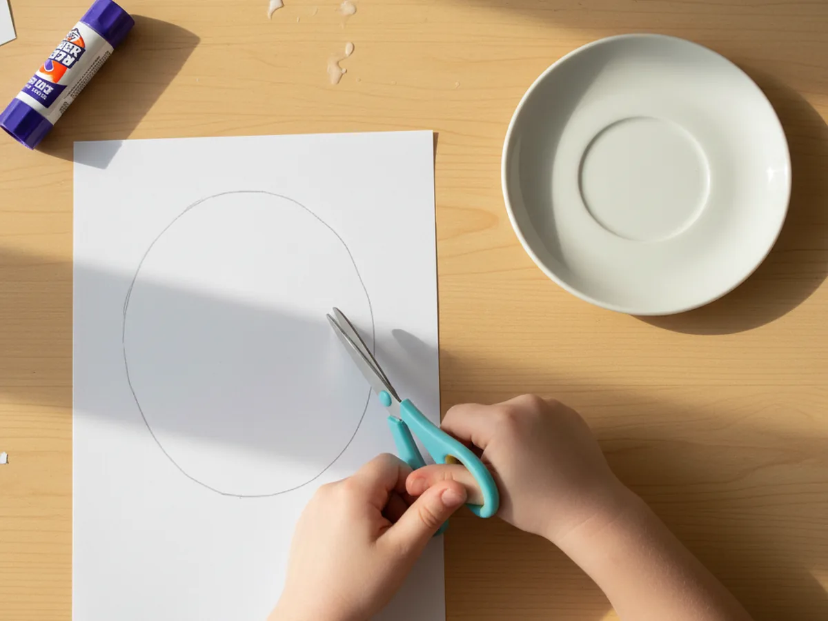 A child's hands cutting a large white oval head shape from white construction paper with kid-safe scissors on a light wood craft table