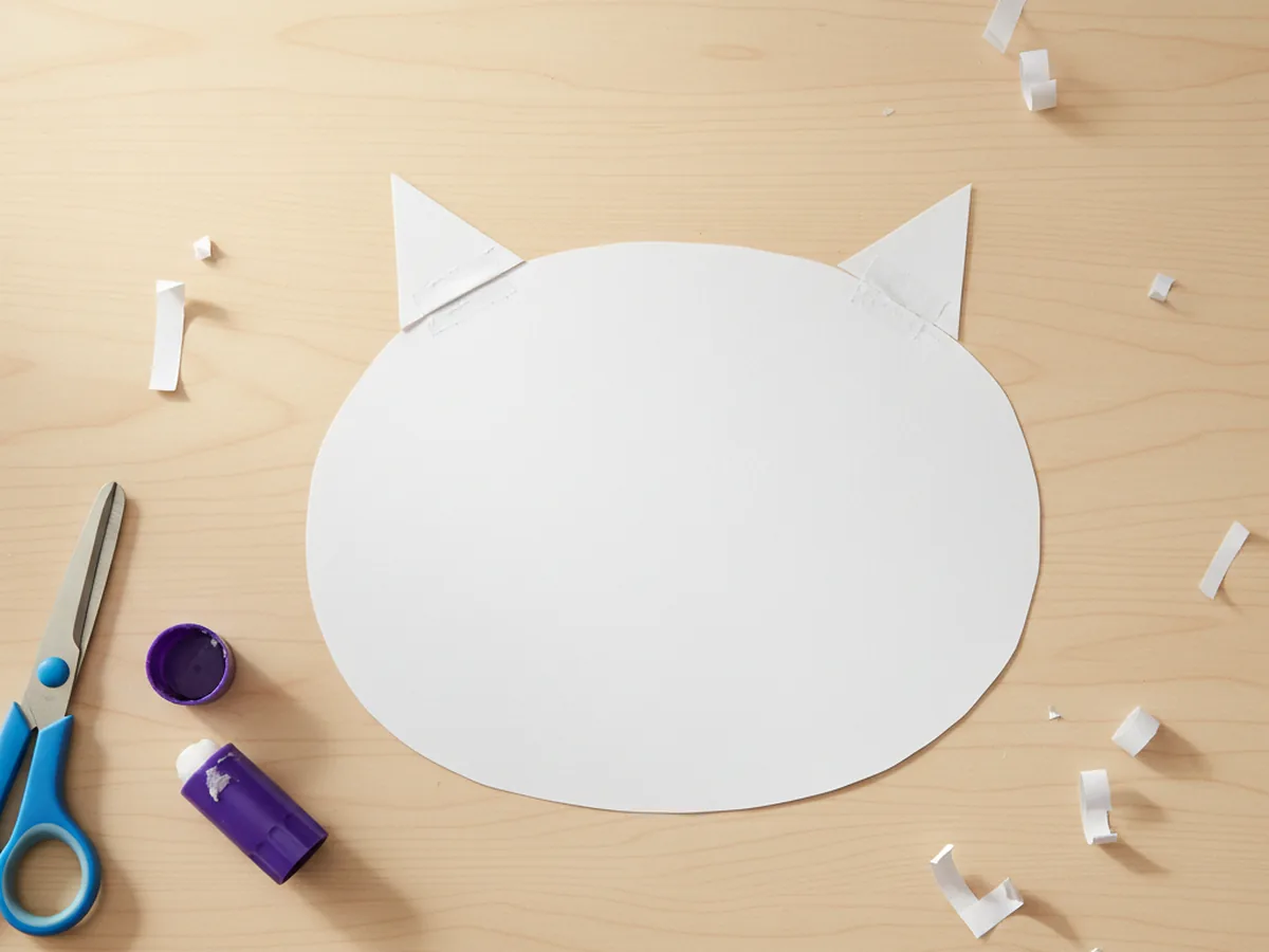 A white paper oval head shape with two small white triangle ears glued to the upper corners, sitting on a craft table next to scissors and a glue stick
