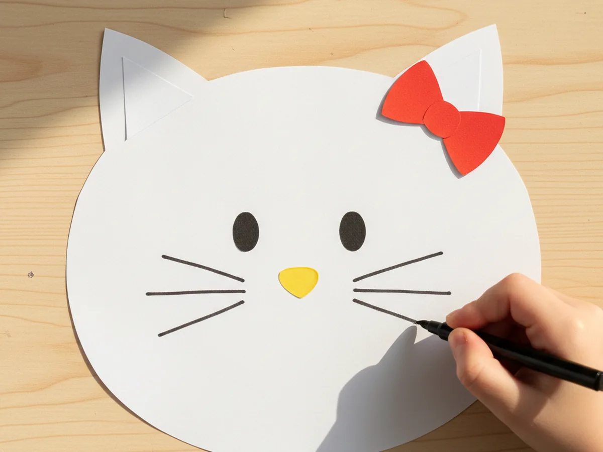 The finished hello kitty paper craft with black marker whiskers drawn on each side of the yellow nose, a red bow on the right ear, and a cheerful complete face on a light wood craft table