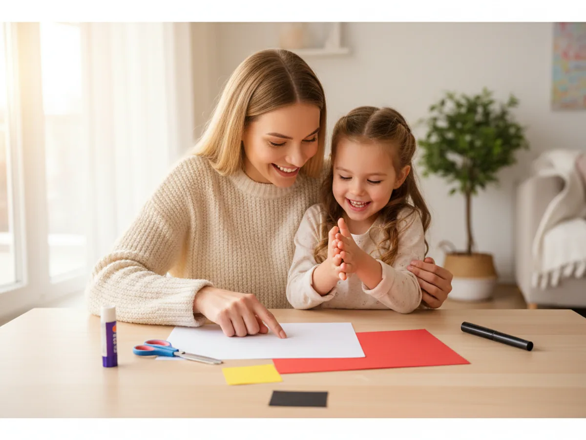 A mom and young daughter sitting together at a craft table with white construction paper, red paper, scissors, and a glue stick ready to make a hello kitty paper craft