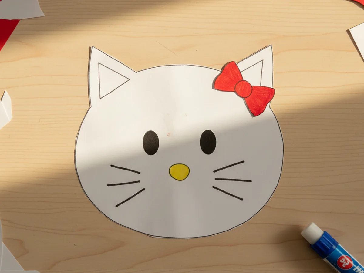 Finished hello kitty paper craft face made from white construction paper with two pointed ears, a small red bow, black oval eyes, a yellow oval nose, and marker whiskers on a light wood craft table