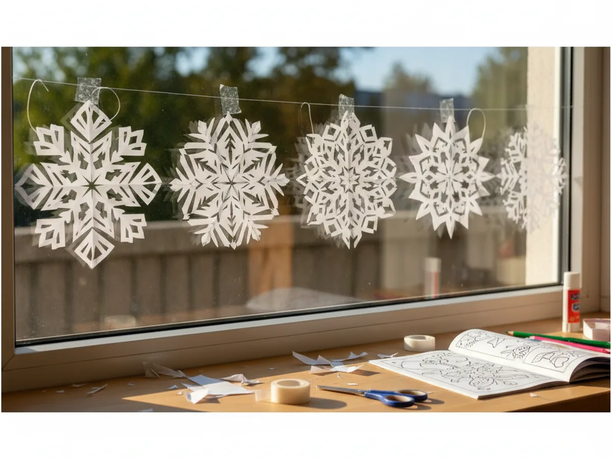 A row of handmade Christmas paper snowflakes taped to a sunny window, each one showing different lacy cut-out patterns